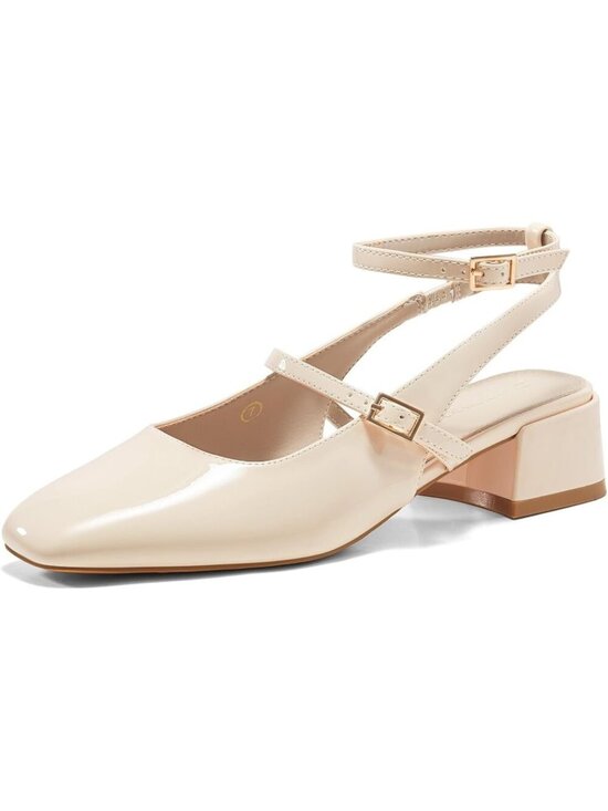 Shoes - Women's Beige Mary Jane Chunky Low Heel Closed Square Toe Ankle Strap Pump Shoes